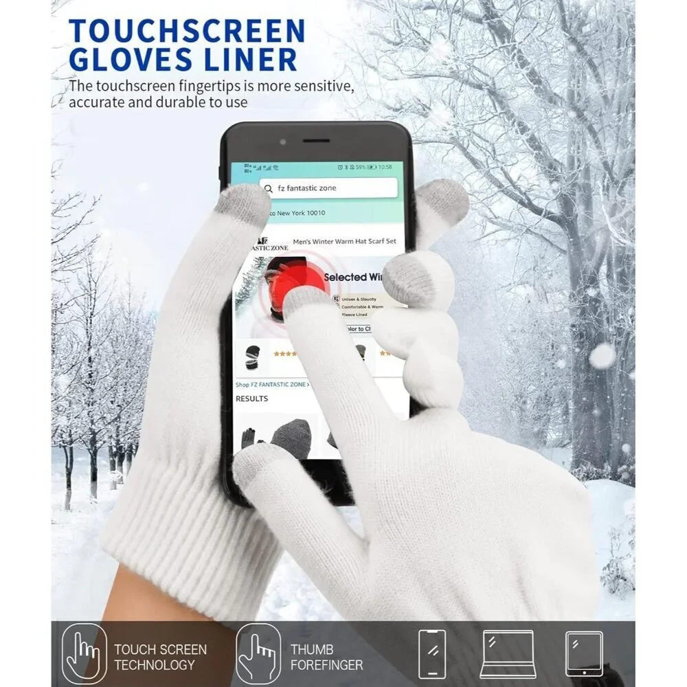Women's White Winter Touchscreen Wool Magic Warm Knit Fleece Lined Gloves
